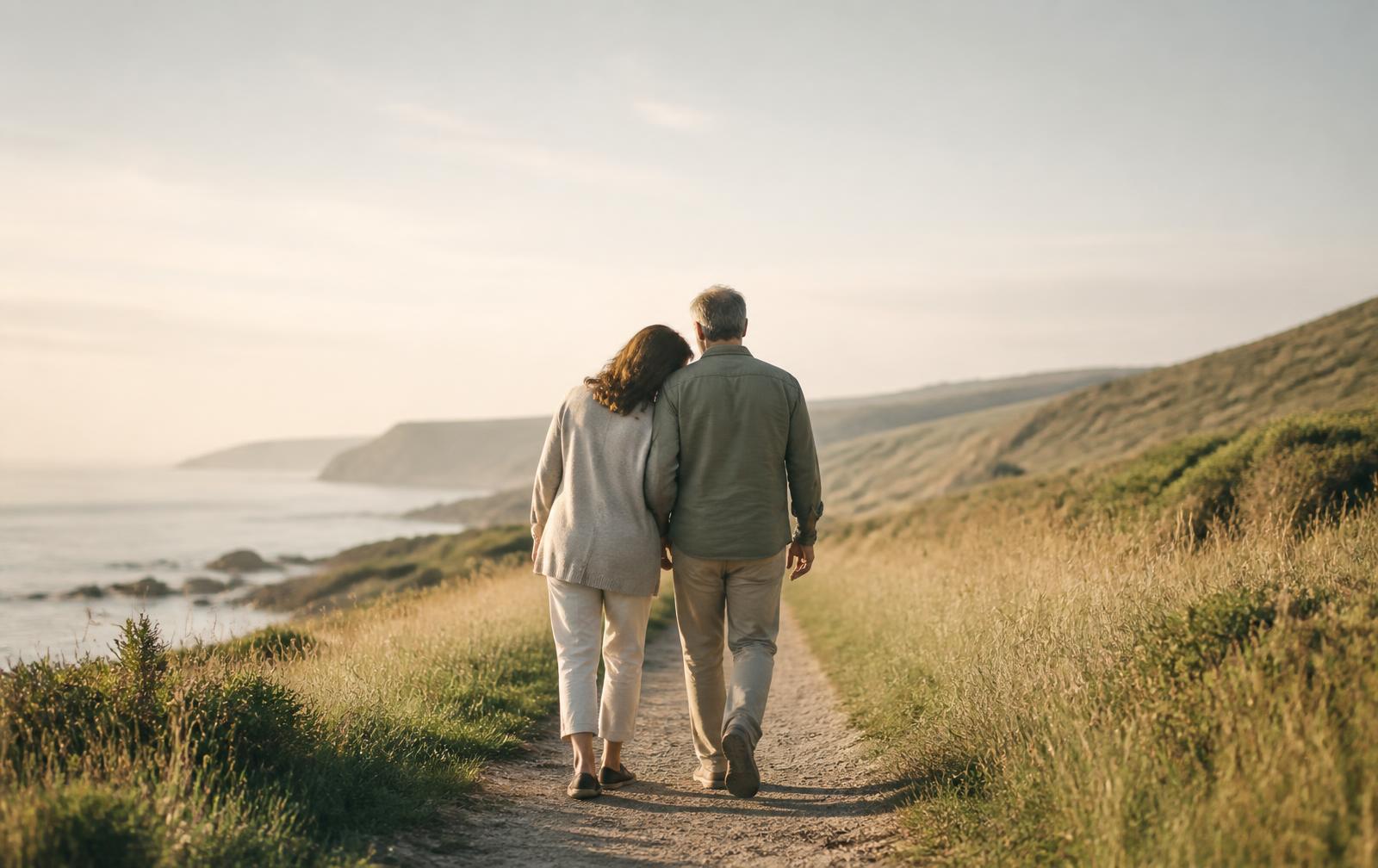 A couple walking together along a coastal path in warm morning light, seen from behind